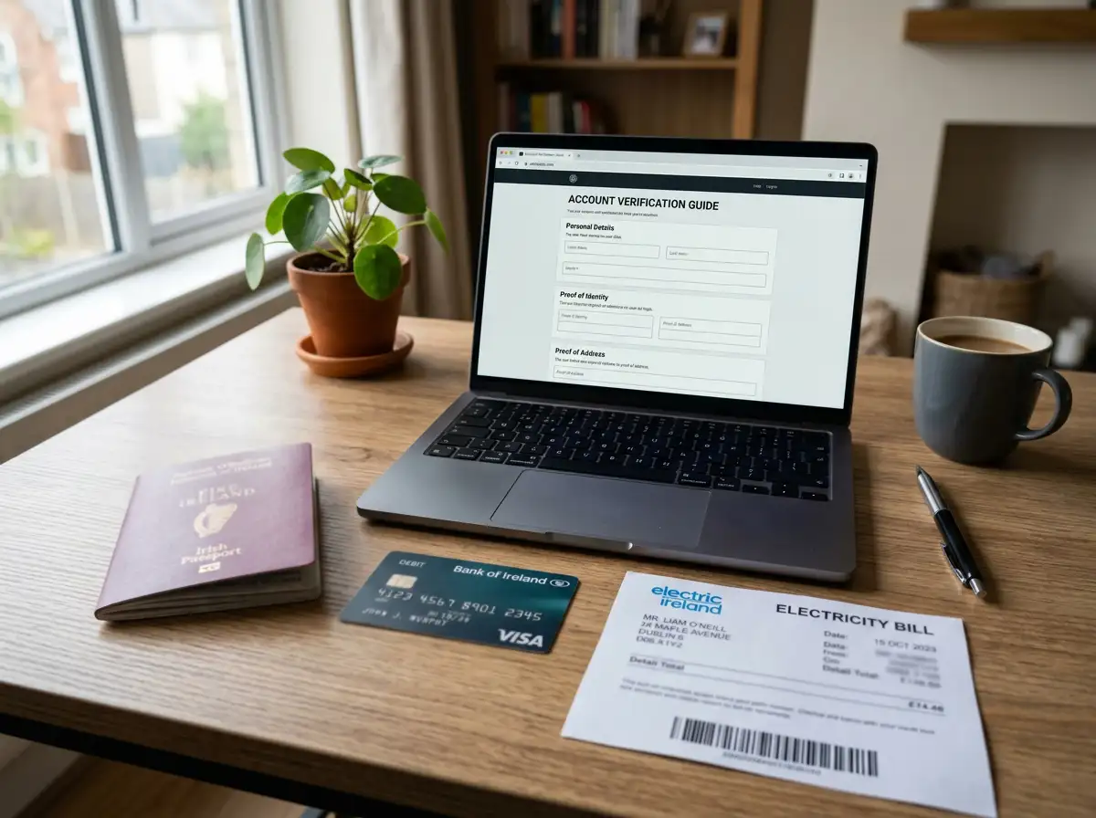 Passport, bank card and household bill arranged beside a laptop on a desk