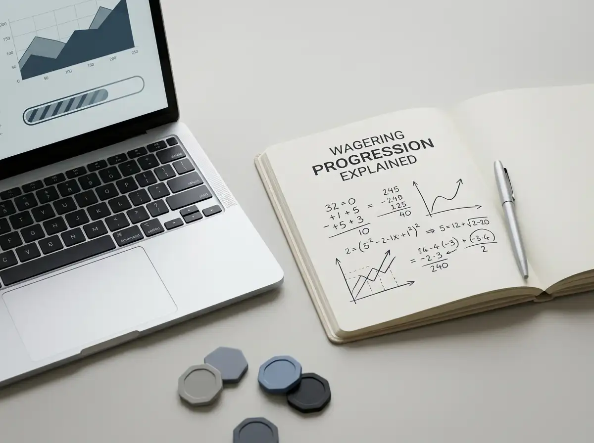 Notebook with abstract wagering calculations beside a laptop on a neutral desk
