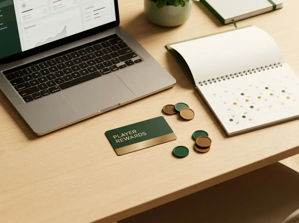 Membership card, points tokens and calendar arranged beside a laptop on a desk