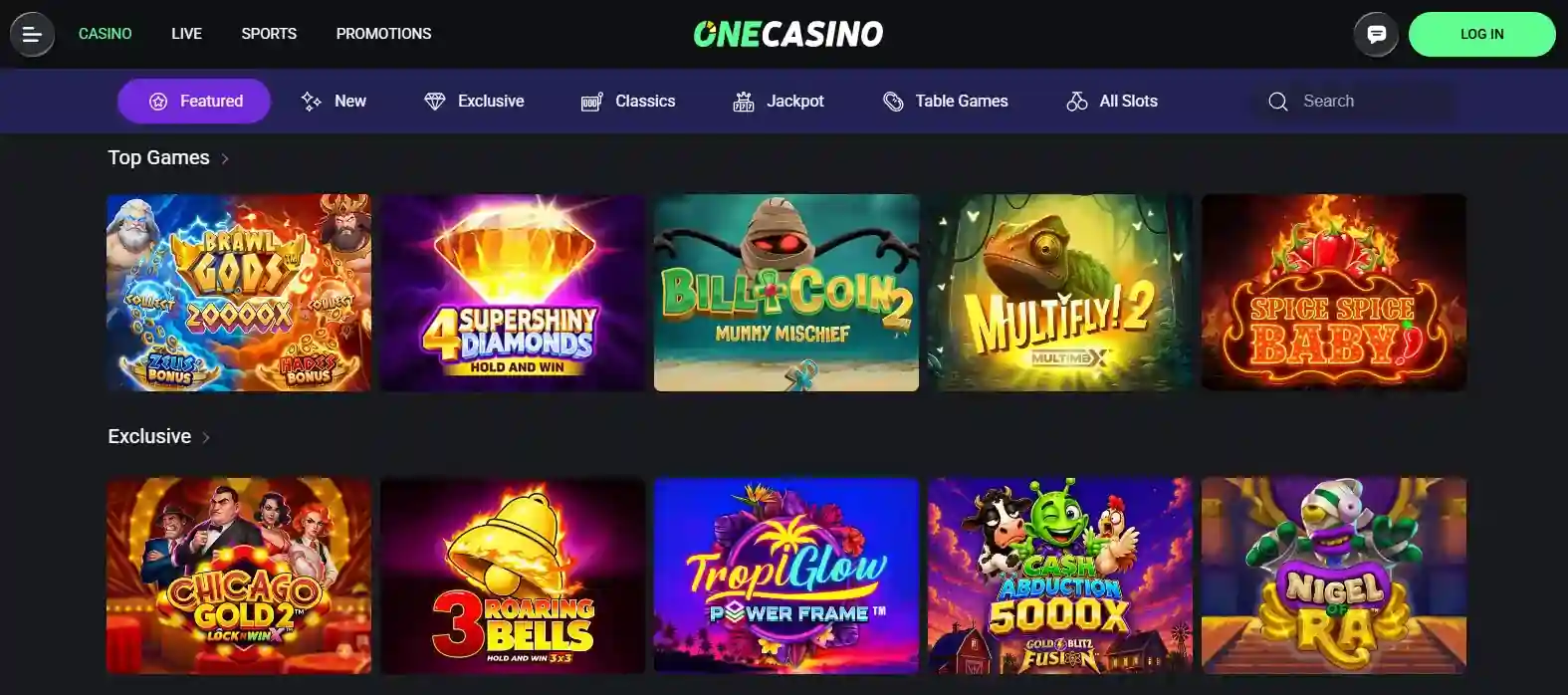Screenshot of the official OneCasino website showing the casino game lobby and navigation