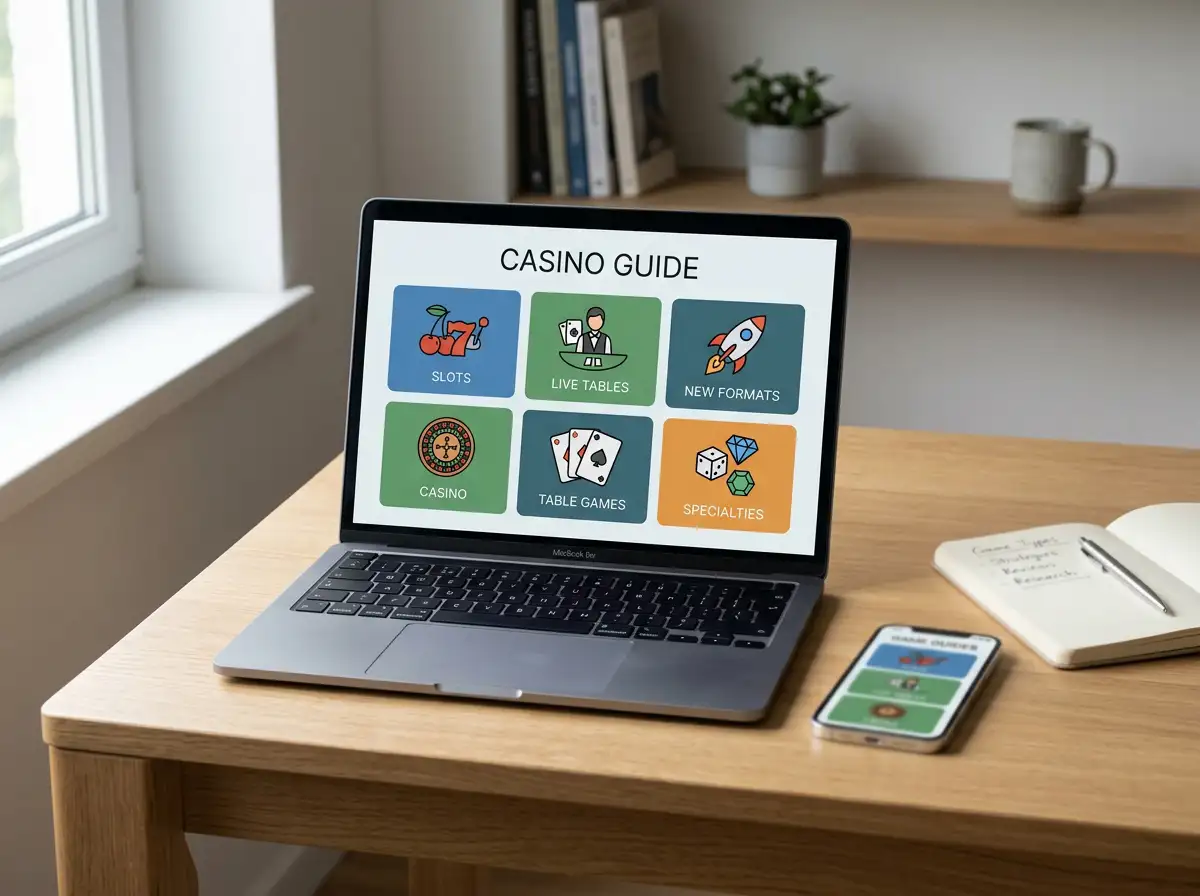 Laptop showing abstract casino game tiles beside a phone on a neutral desk