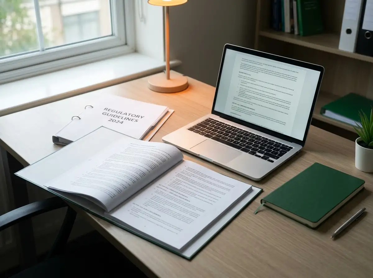 Open regulatory documents beside a laptop and notebook on a neutral office desk
