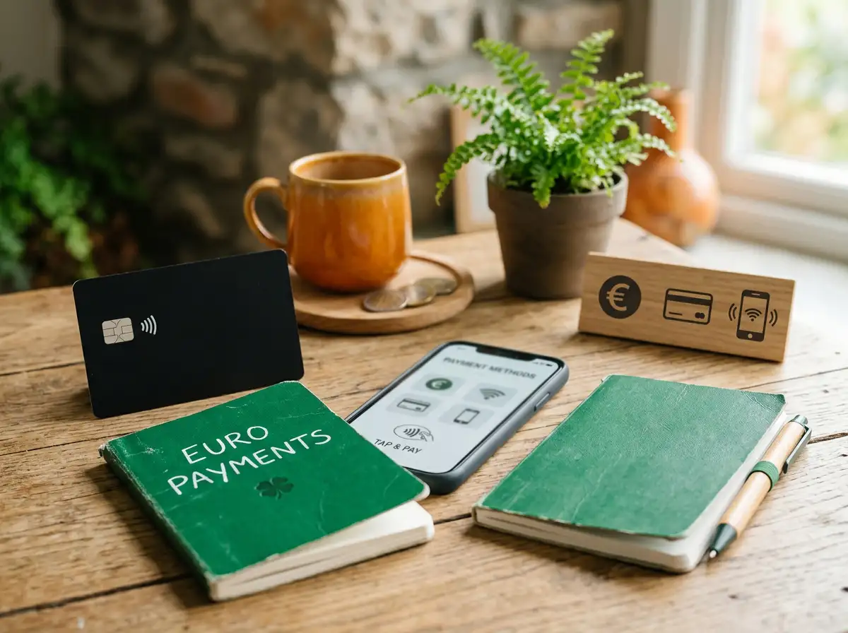 Bank card, phone and payment icons arranged beside a euro notebook on a desk