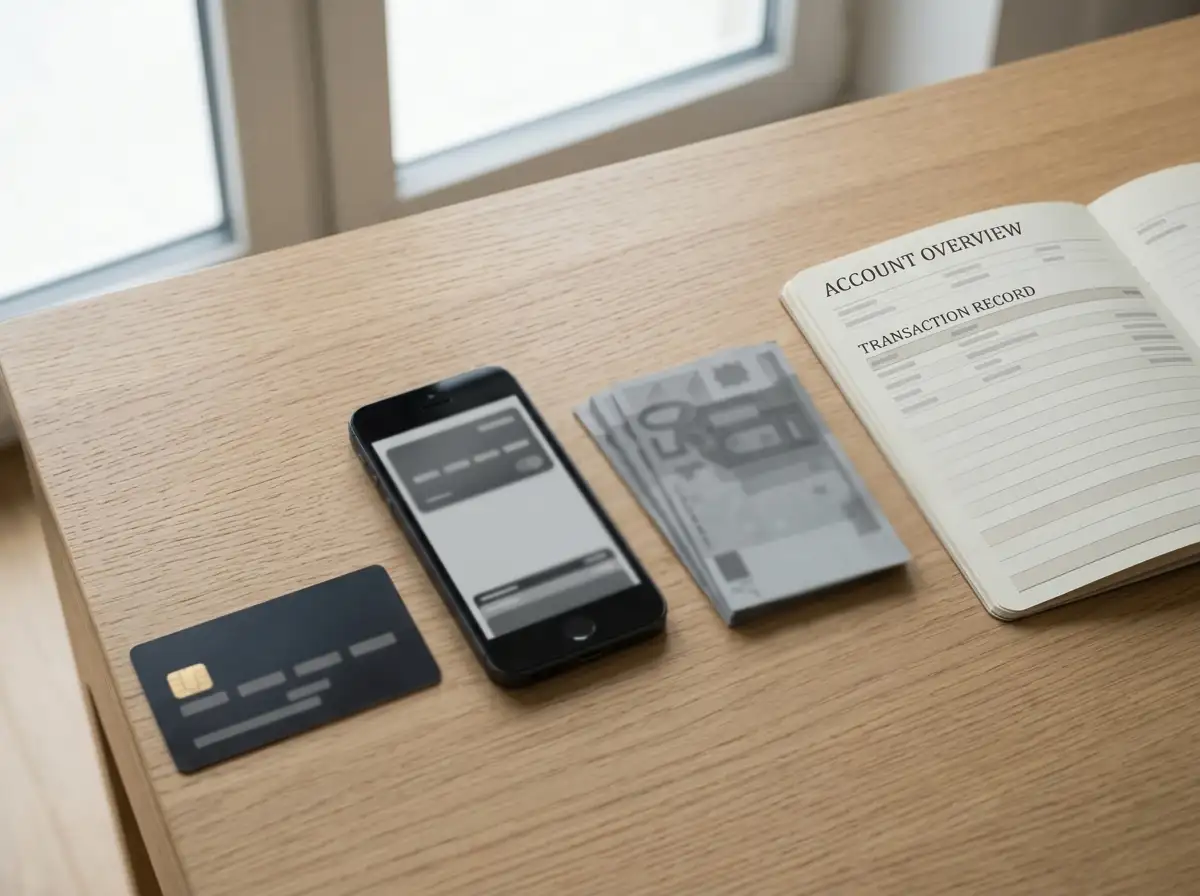 Bank card, smartphone and euro payment notes arranged on a clean desk